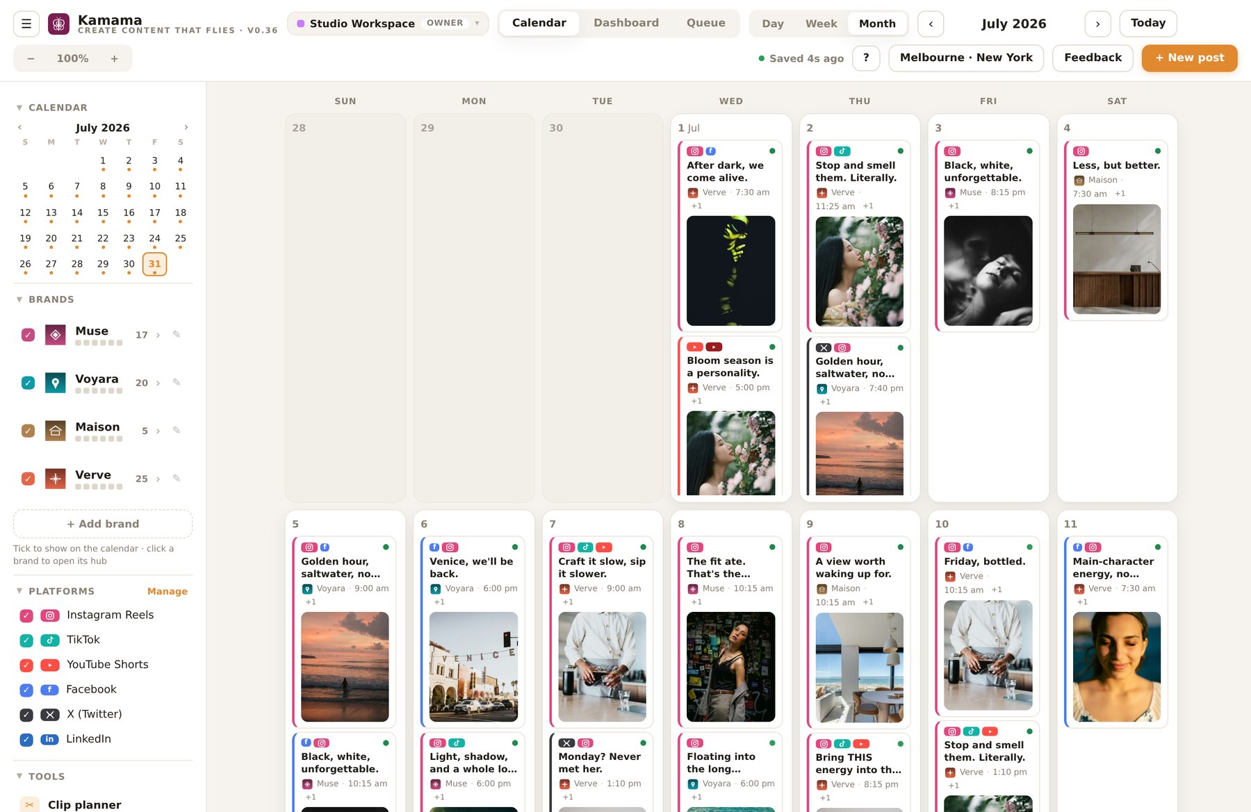 Kamama monthly content calendar filled with scheduled posts across brands