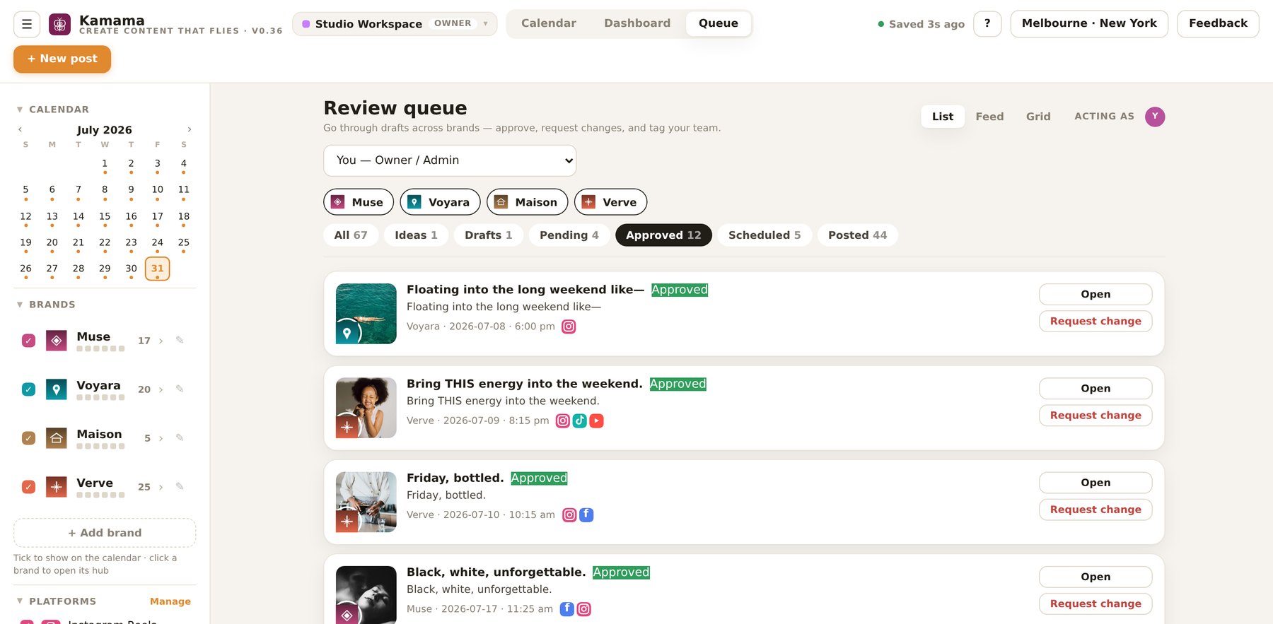Kamama review queue with approvals